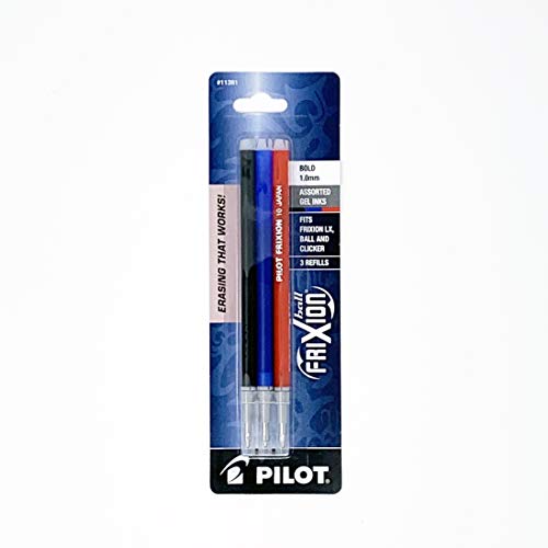 Pilot FriXion Ball Erasable Gel Ink Refills, 1.0mm, Bold Point, Black/Blue/Red Inks, 3 Count