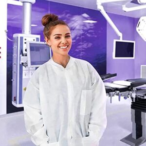 AMZ Medical Supply Disposable Lab Coats for Adults Small, White Medical Disposable Clothing 10 Pack, Splash-Proof SMS 40 GSM Lab Coats Disposable with Long Sleeves, Knit Collar, Cuffs, 3 Pockets