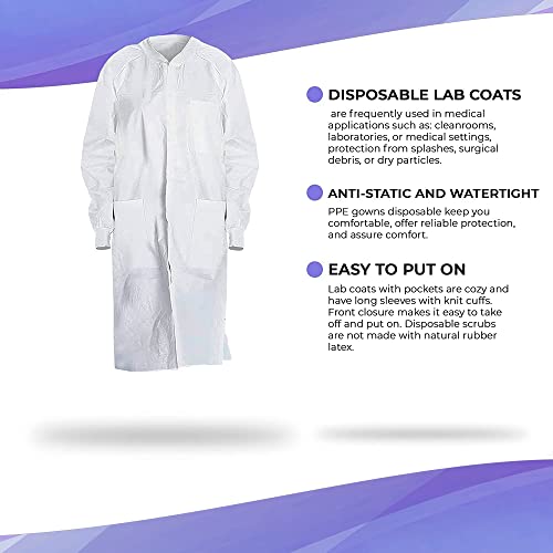 AMZ Medical Supply Disposable Lab Coats for Adults Small, White Medical Disposable Clothing 10 Pack, Splash-Proof SMS 40 GSM Lab Coats Disposable with Long Sleeves, Knit Collar, Cuffs, 3 Pockets