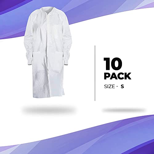 AMZ Medical Supply Disposable Lab Coats for Adults Small, White Medical Disposable Clothing 10 Pack, Splash-Proof SMS 40 GSM Lab Coats Disposable with Long Sleeves, Knit Collar, Cuffs, 3 Pockets