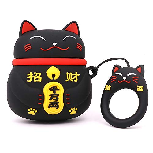 Yonocosta Cute Airpods Case, Airpods 2 Case, Fashion Funny 3D Cartoon Animals Black Lucky Cat Kitty Shaped Full Protection Shockproof Soft Silicone Charging Case Cover with Keychain for Airpods 1&2