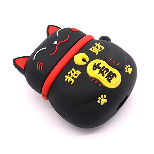 Yonocosta Cute Airpods Case, Airpods 2 Case, Fashion Funny 3D Cartoon Animals Black Lucky Cat Kitty Shaped Full Protection Shockproof Soft Silicone Charging Case Cover with Keychain for Airpods 1&2