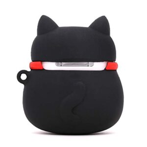 Yonocosta Cute Airpods Case, Airpods 2 Case, Fashion Funny 3D Cartoon Animals Black Lucky Cat Kitty Shaped Full Protection Shockproof Soft Silicone Charging Case Cover with Keychain for Airpods 1&2
