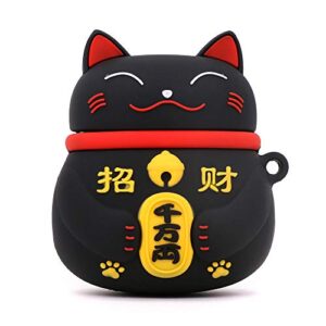 Yonocosta Cute Airpods Case, Airpods 2 Case, Fashion Funny 3D Cartoon Animals Black Lucky Cat Kitty Shaped Full Protection Shockproof Soft Silicone Charging Case Cover with Keychain for Airpods 1&2