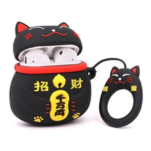 Yonocosta Cute Airpods Case, Airpods 2 Case, Fashion Funny 3D Cartoon Animals Black Lucky Cat Kitty Shaped Full Protection Shockproof Soft Silicone Charging Case Cover with Keychain for Airpods 1&2