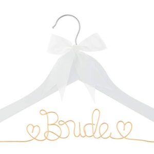 ella celebration bride to be wedding dress hanger wooden and wire hangers for brides gowns, dresses (white with light gold and bow)