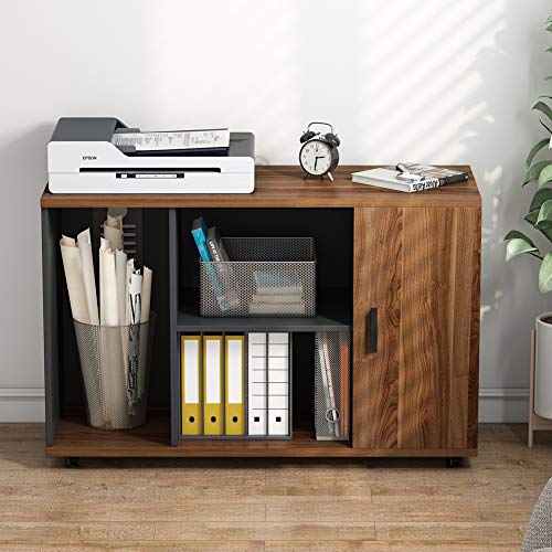 Tribesigns 39 inches File Cabinet, Large Storage Printer Stand, Mobile Filling Office Cabinet with Wheels, Doors and Open Storage Shelves,Dark Walnut