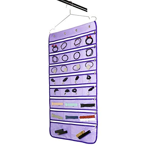 ANIZER Dual Sided Hanging Jewelry Organizer with Hanger for Closet Necklace Earrings Bracelet Ring Travel Holder (56 Zippered Clear Pockets Purple)