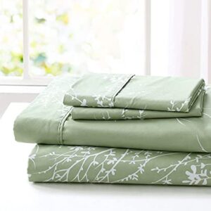 SL Spirit Linen Home EST. 1988 - King Sheet Set, Super Soft Microfiber Bedding, Elegant Foliage Design & Ideal for All Seasons (King, Green/White)