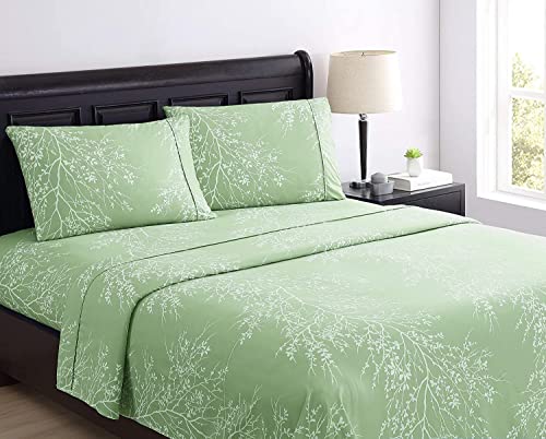 SL Spirit Linen Home EST. 1988 - King Sheet Set, Super Soft Microfiber Bedding, Elegant Foliage Design & Ideal for All Seasons (King, Green/White)