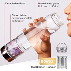 Rose Gold Crystal Elixir Infused Clear Motivational Water Bottle + Tea Infuser + Protective Sleeve + Removable Crystals Healing Stones | Witchcraft Supplies Infuser Water Bottle – 15 Oz (Amethyst)