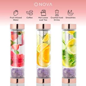 Rose Gold Crystal Elixir Infused Clear Motivational Water Bottle + Tea Infuser + Protective Sleeve + Removable Crystals Healing Stones | Witchcraft Supplies Infuser Water Bottle – 15 Oz (Amethyst)