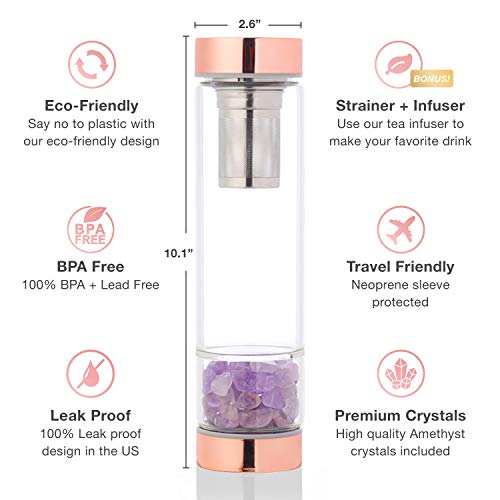 Rose Gold Crystal Elixir Infused Clear Motivational Water Bottle + Tea Infuser + Protective Sleeve + Removable Crystals Healing Stones | Witchcraft Supplies Infuser Water Bottle – 15 Oz (Amethyst)