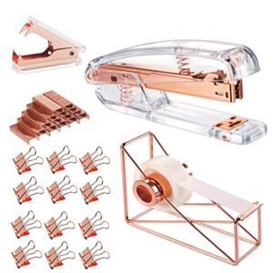 rose gold office supplies set - stapler, tape dispenser, staple remover with 1000 staples and 12 binder clips , luxury acrylic rose gold desk accessories & decorations