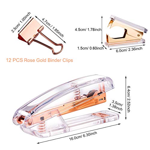 Rose Gold Office Supplies Set - Stapler, Tape Dispenser, Staple Remover with 1000 Staples and 12 Binder Clips , Luxury Acrylic Rose Gold Desk Accessories & Decorations