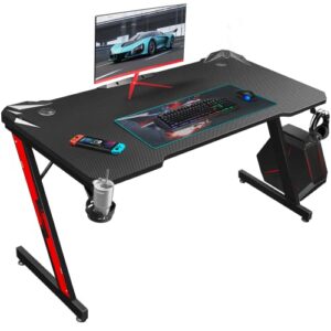 homall gaming desk, computer and gaming table z shaped for pc, workstation, home, office with carbon fiber surface cup holder and headphone hook (44 inch, black)