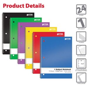 Better Office Products Spiral Notebooks 1-Subject, 24 Pack, College Rule, 70 Sheet, 8 x 10.5 inches, 6 Assorted Primary Colors, 24 Pack