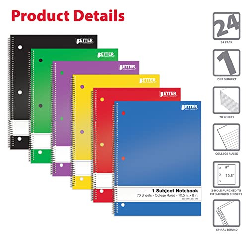 Better Office Products Spiral Notebooks 1-Subject, 24 Pack, College Rule, 70 Sheet, 8 x 10.5 inches, 6 Assorted Primary Colors, 24 Pack