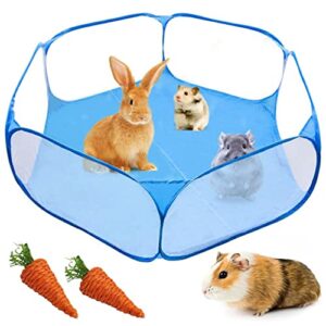 kathson playpen for small animals cage tent, breathable&transparent pets playpen folding exercise pop open outdoor/indoor portable fence with carrots for guinea pig hamster rabbit rat gerbils(blue)