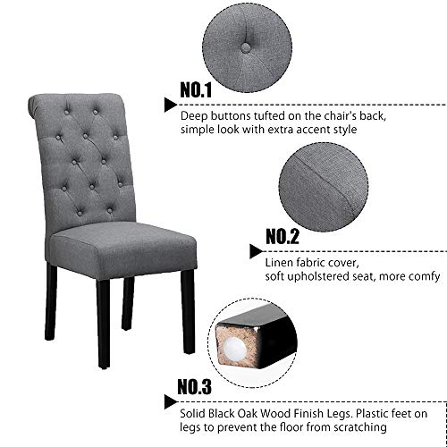 HomeSailing Modern 2 Grey Dining Room Chairs Set Only Kitchen Chairs Button Tufted with Fabric Upholstered Padded for Accent Restaurant with Solid Black Legs