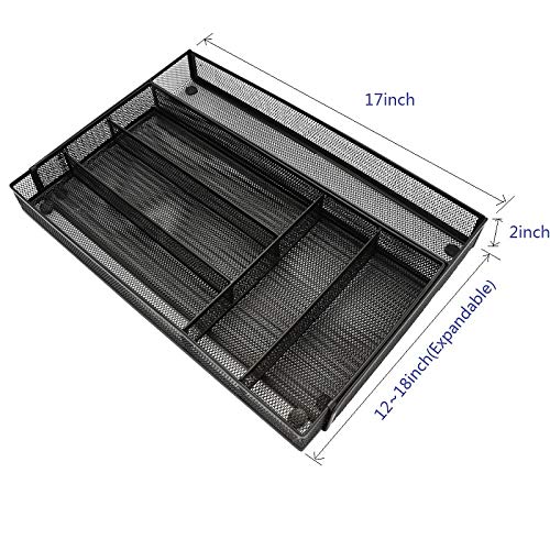 Expandable Mesh Metal Cutlery Tray, 6 Compartments Kitchen Drawer Organizer for Utensil Flatware Dividers Cutlery (Black, 6 Compartments)