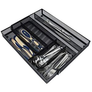 Expandable Mesh Metal Cutlery Tray, 6 Compartments Kitchen Drawer Organizer for Utensil Flatware Dividers Cutlery (Black, 6 Compartments)