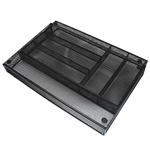 Expandable Mesh Metal Cutlery Tray, 6 Compartments Kitchen Drawer Organizer for Utensil Flatware Dividers Cutlery (Black, 6 Compartments)