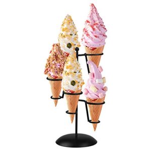 black iron ice cream cone holder stand with base 5 holes to display snow cones sushi hand rolls popcorn candy french fries sweets savory
