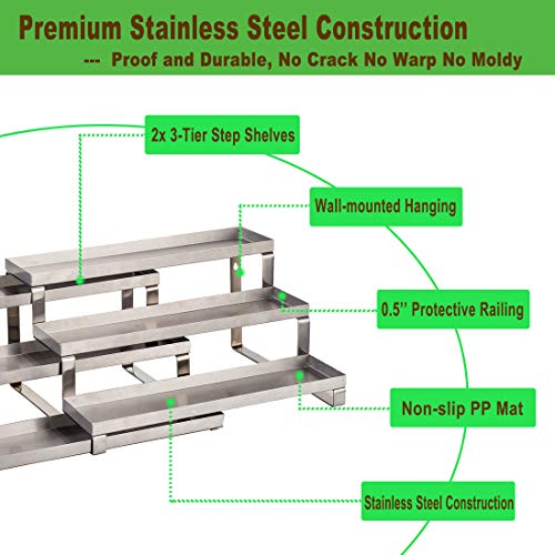 ALhom Spice Rack Organizer for Cabinet/Wall Mount/Countertop/Pantry - 3 Tier Expandable Spice Shelf - Stainless Steel