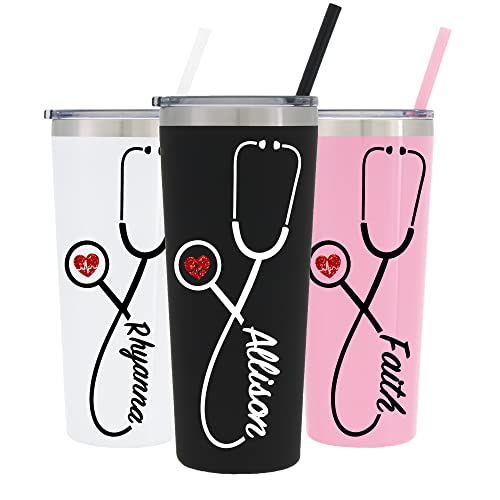 22 oz Nurse Personalized Stainless Steel Tumbler with Custom Stethoscope Vinyl Decal by Avito - Includes Straw and Lid - Nurse RN - Nurse Gift