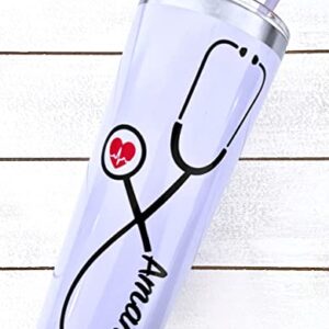 22 oz Nurse Personalized Stainless Steel Tumbler with Custom Stethoscope Vinyl Decal by Avito - Includes Straw and Lid - Nurse RN - Nurse Gift