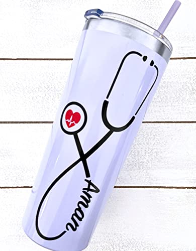 22 oz Nurse Personalized Stainless Steel Tumbler with Custom Stethoscope Vinyl Decal by Avito - Includes Straw and Lid - Nurse RN - Nurse Gift