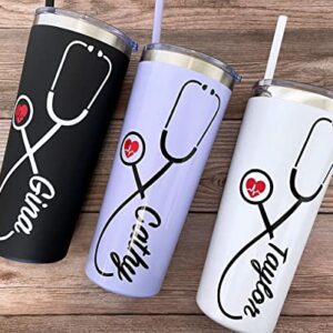 22 oz Nurse Personalized Stainless Steel Tumbler with Custom Stethoscope Vinyl Decal by Avito - Includes Straw and Lid - Nurse RN - Nurse Gift