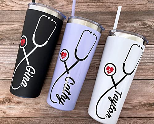 22 oz Nurse Personalized Stainless Steel Tumbler with Custom Stethoscope Vinyl Decal by Avito - Includes Straw and Lid - Nurse RN - Nurse Gift