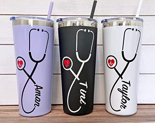 22 oz Nurse Personalized Stainless Steel Tumbler with Custom Stethoscope Vinyl Decal by Avito - Includes Straw and Lid - Nurse RN - Nurse Gift