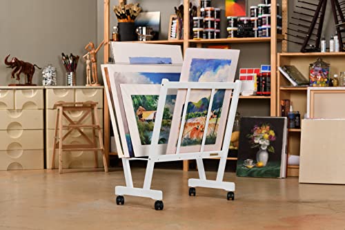 Creative Mark Firenze Wood Large Print Rack with Castors - Perfect for Display of Canvas, Art, Prints, Panels, Posters, Art Gallery Shows, Storage Rack - White