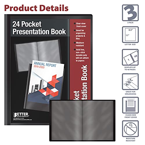 24 Pocket Bound Sheet Protector Presentation Book, 3 Pack, Clear View Front, 48 Page Capacity, by Better Office Products, Art Portfolio, Durable Black Poly Front and Back Covers, Letter Size
