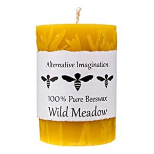 alternative imagination 100% pure beeswax pillar candle (3x4 inch), 40 hour, wild meadow design, hand-poured, made in usa