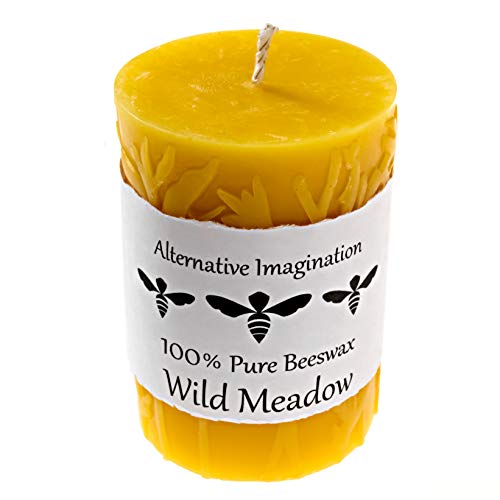 Alternative Imagination 100% Pure Beeswax Pillar Candle (3x4 Inch), 40 Hour, Wild Meadow Design, Hand-Poured, Made in USA