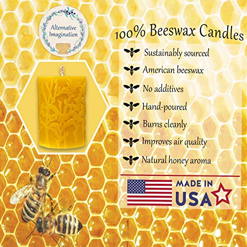 Alternative Imagination 100% Pure Beeswax Pillar Candle (3x4 Inch), 40 Hour, Wild Meadow Design, Hand-Poured, Made in USA