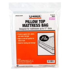 u-haul pillow top queen mattress bag – moving & storage cover for mattress or box spring – 99” x 60” x 17”