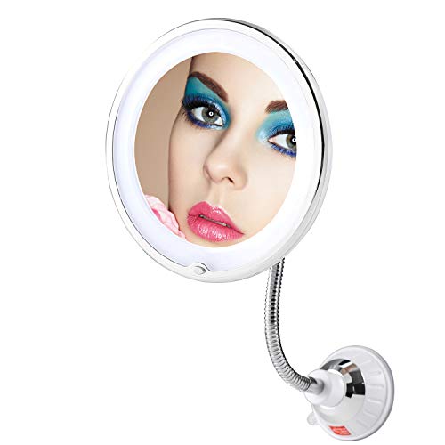 TOP4EVER Flexible 10X Magnifying Suction Mirror, Dimmable LED Lighted Vanity Mirror,Power Locking Suction Cup with Day Light and 360 Degree Swivel, Portable Vanity Mirror for Home Bathroom