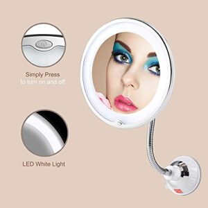 TOP4EVER Flexible 10X Magnifying Suction Mirror, Dimmable LED Lighted Vanity Mirror,Power Locking Suction Cup with Day Light and 360 Degree Swivel, Portable Vanity Mirror for Home Bathroom