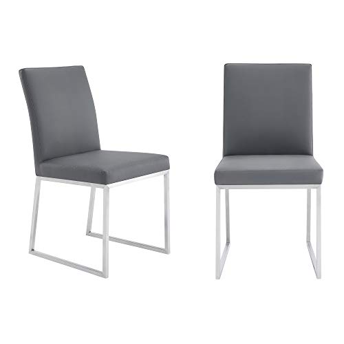 Armen Living Trevor Contemporary Faux Leather Dining Chair - Set of 2, 20" Seat Height, Gray and Brushed Stainless Steel