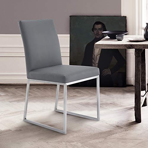 Armen Living Trevor Contemporary Faux Leather Dining Chair - Set of 2, 20" Seat Height, Gray and Brushed Stainless Steel