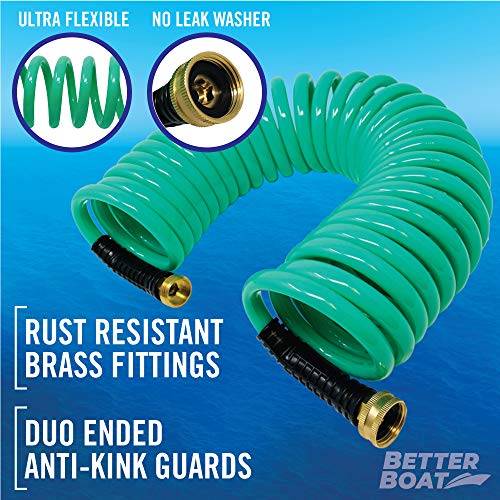 25FT Coiled Boat Hose | Coil Hose Water Hoses Expandable Perfect Coil Water Hose RV Wash Water Hose Spring Washdown Short Small 25 Foot Coiling Garden Marine Grade 3/4 Inch Connectors Self Recoil