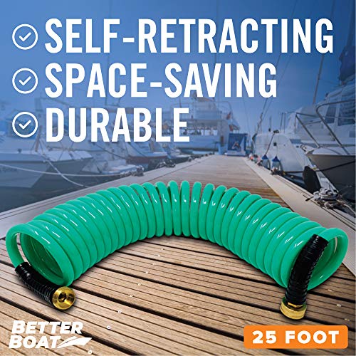 25FT Coiled Boat Hose | Coil Hose Water Hoses Expandable Perfect Coil Water Hose RV Wash Water Hose Spring Washdown Short Small 25 Foot Coiling Garden Marine Grade 3/4 Inch Connectors Self Recoil