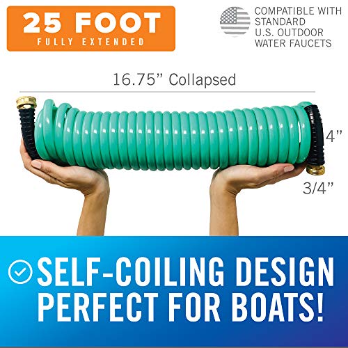 25FT Coiled Boat Hose | Coil Hose Water Hoses Expandable Perfect Coil Water Hose RV Wash Water Hose Spring Washdown Short Small 25 Foot Coiling Garden Marine Grade 3/4 Inch Connectors Self Recoil