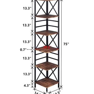 HOMISSUE 6 Tier Industrial Corner Shelf Unit, Tall Bookcase Storage Display Rack for Home Office, Rustic Brown