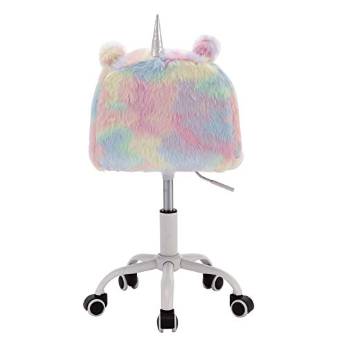 DM Furniture Cute Fuzzy Kids Chair Funny Rolling Study Desk Chair Colorful Girls Vanity Swivel Chair with White Foot